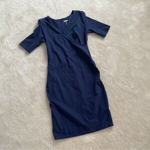 GAP Navy Faux-Wrap Maternity Midi Dress Stretchy